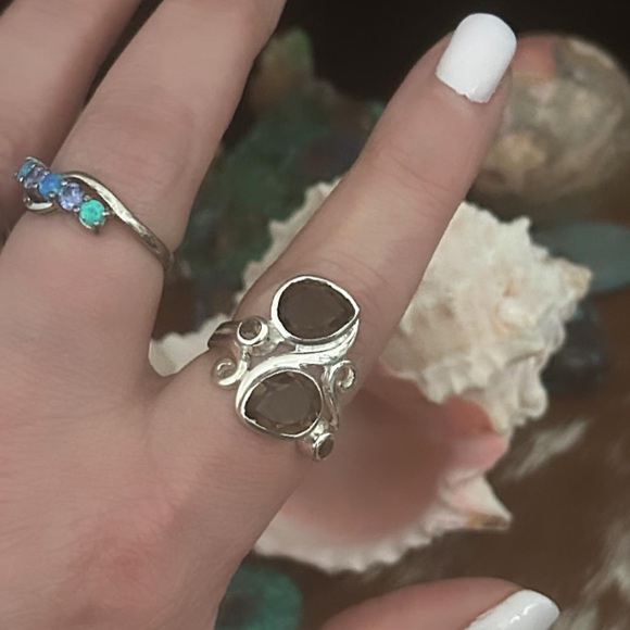 Genuine smoky quartz double stone 925 sterling silver ring - Picture 2 of 9